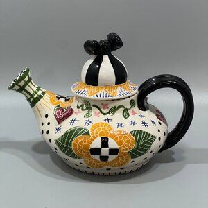 Vintage Meg Johnson Whimsical Teapot Ceramic Pottery Handmade and Painted Design